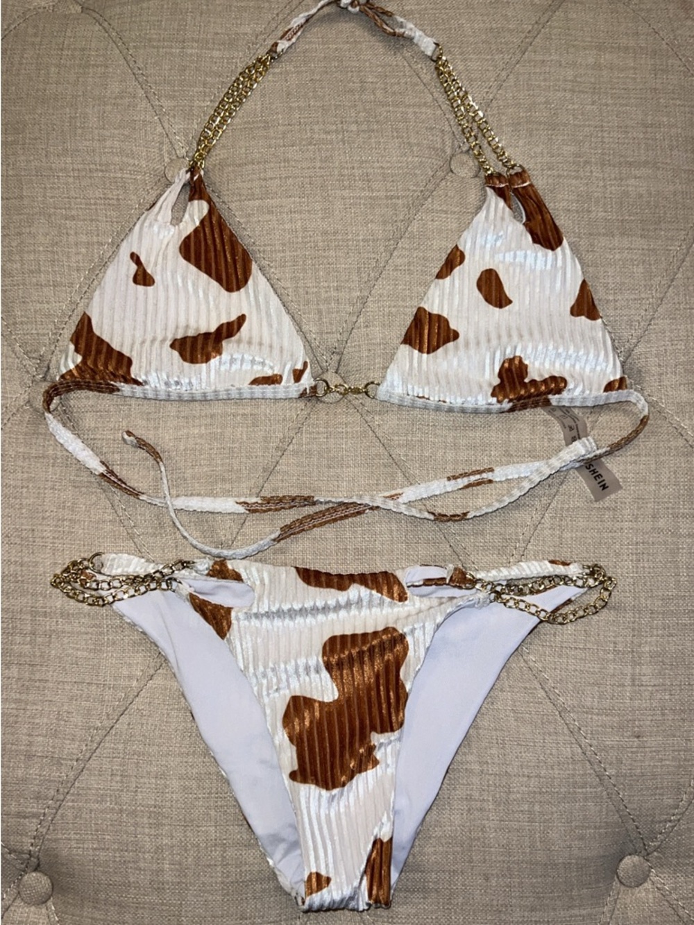 SHEIN White and Brown Cow Print Chain Strap Bikini